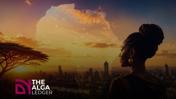 A woman overlooking an African city beneath a connected map of Africa